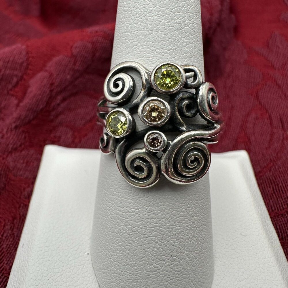 Pandora Silver Swirl Ring with Green and Yellow Stones